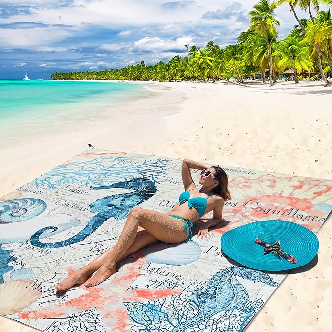 Beach Blanket Waterproof Sandproof Beach Mat for 1-8 Adults Quick Drying Durable Outdoor Picnic Mat for Beach Festival Travel Camping Hiking (Vintage-Seahorses, 79"×83"(4 Person))
