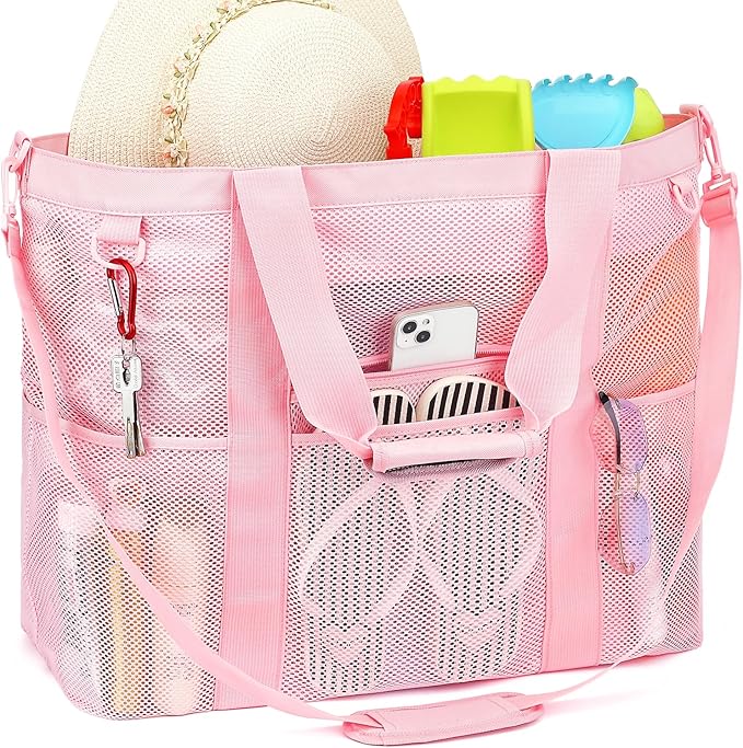 Fammart Mesh Beach Bag, Large Beach Tote with Zipper Pocket, Toys Pool Bag for Family Travel Vacation Cruise Essentials