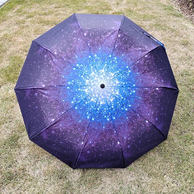 TradMall Travel Umbrella Windproof with 46 Inches Large Canopy 10 Reinforced Fiberglass Ribs Ergonomic Handle Auto Open & Close, Starry Sky