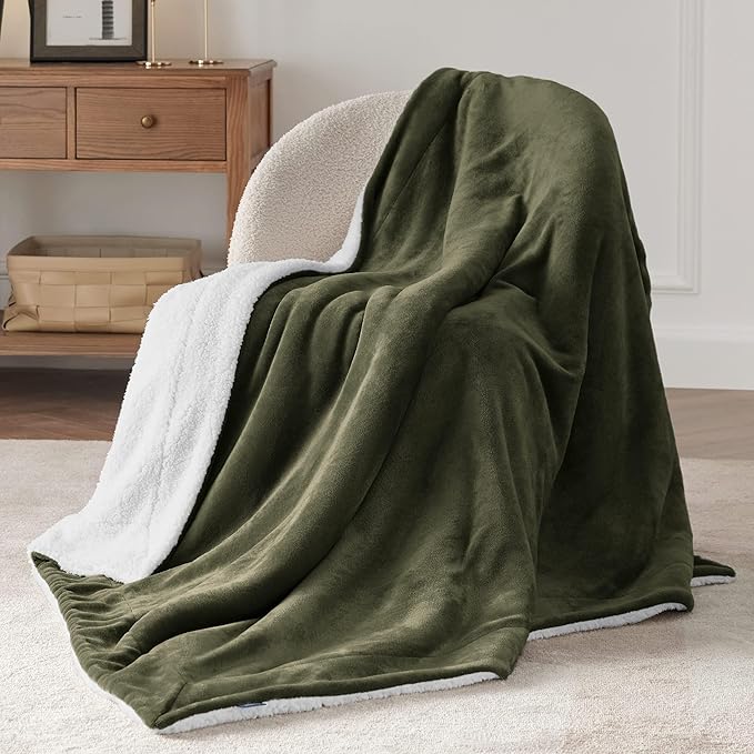 Bedsure GentleSoft Sherpa Fleece Twin Size Blanket for Couch, Non-Heated, Thick and Warm Throw for Women and Men, Soft Fuzzy Plush Twin Blanket for Winter, Olive Green, 60x80 Inches