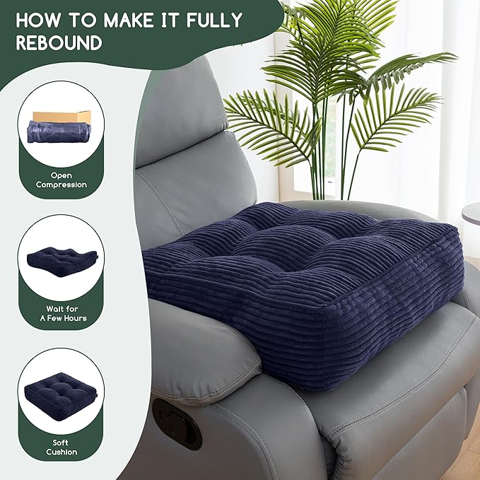 HIGOGOGO Tufted Corduroy Recliner Seat Cushion for Elderly, 20x20x6 Inch Extra Large Square Seat Cushion for Recliner Chair, Floor Pillow, Office Chair, Car, No Pressure on Thighs, Navy