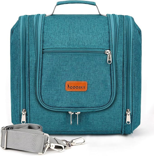 Hanging Travel Toiletry Bag for Women and Men, 6 Organizer Compartments, Large Toiletries essentials, Bathroom Cosmetic Accessories, Water-resistant Makeup Bag, Holds Full-Size Shampoo, Blue