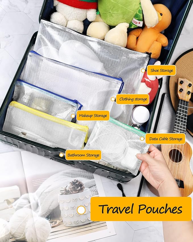 SUNEE 12pcs Mesh Zipper Pouch 11x16, Large Storage Bags for Board Game & Puzzle Organizing, Reusable Plastic Zip Organizer for Travel (A3, 6 Colors)