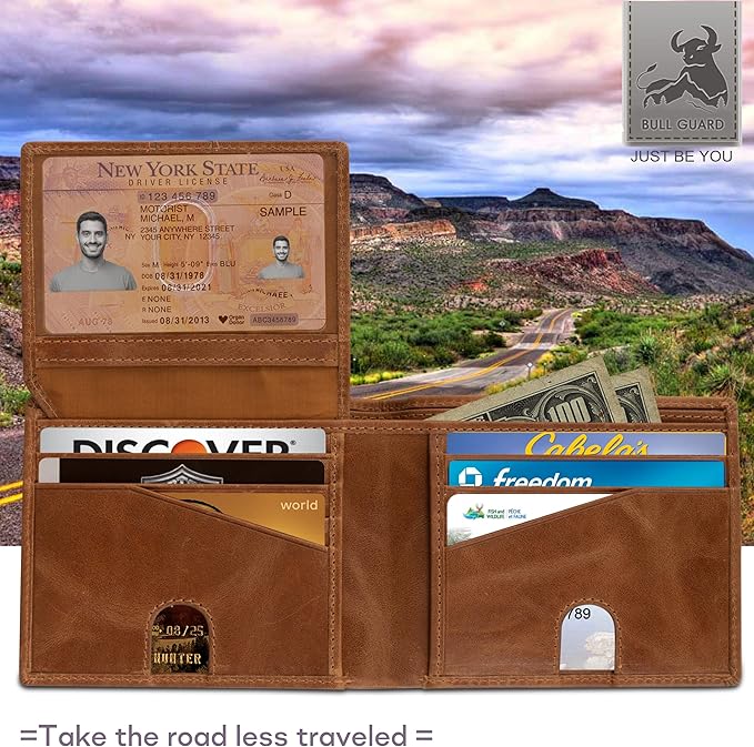Mens Leather Wallet Bifold with ID Window and RFID Blocking Secure and Durable Extra Capacity Billfold with 11 Credit Cards In Wild Buck Tan