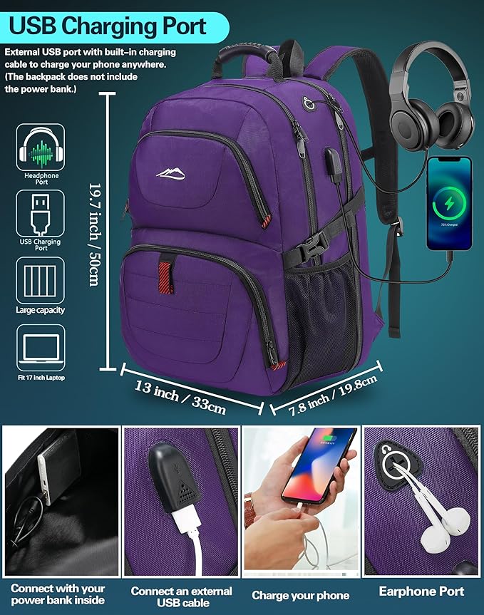 ProEtrade Travel Backpack, Extra Large Laptop Backpack School Business Anti Theft TSA Approved College Work Computer Bag Fits 17 Inch Laptop with USB Charging Port Bookbag for Women Men(Purple)