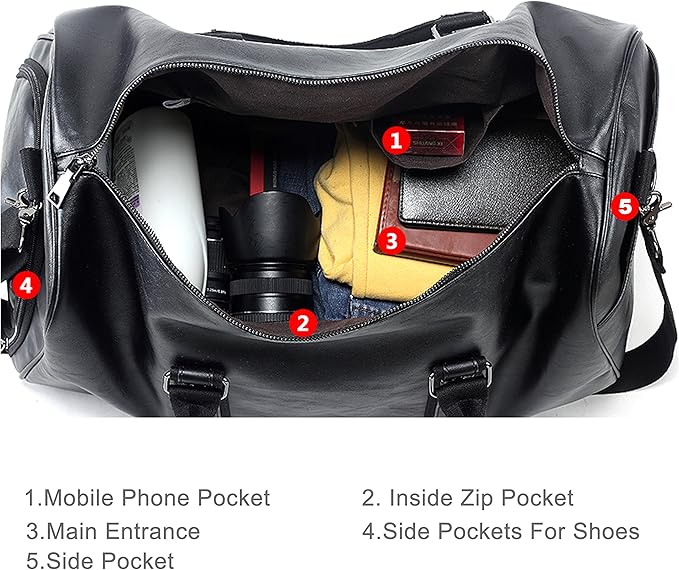 Leather Travel Bag with Shoe Pouch, Waterproof Weekender Overnight Bag, Carry On Duffel Bag for Men Women-Black