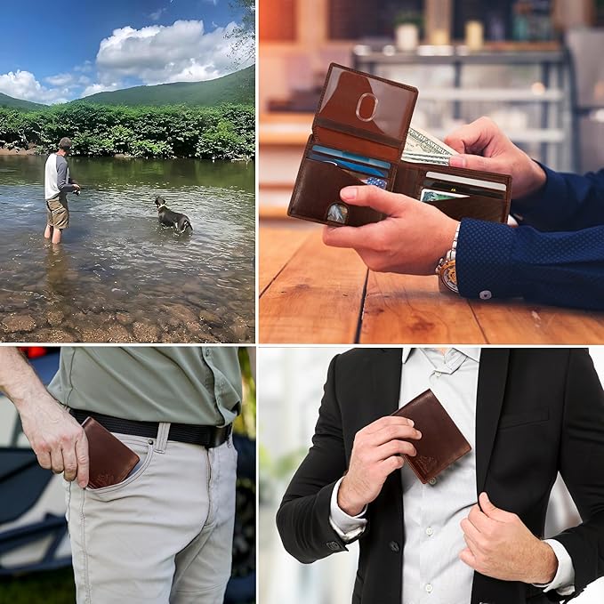 Mens RFID Blocking Bifold Wallet Supple Top Grain Leather Secure & Durable Extra Capacity Billfold with 11 Credit Cards Slots, Quick Thumb Push Access, Flip Up ID in Heritage Burgundy, Gift Ready