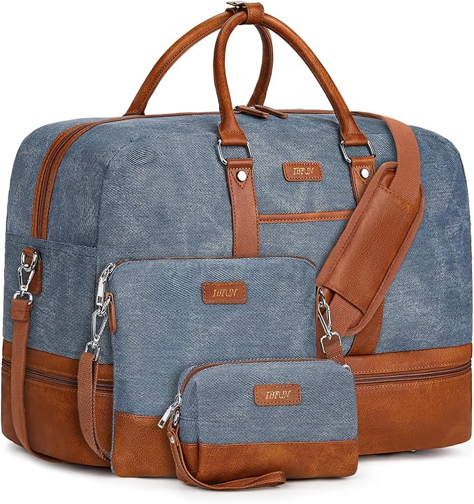 Weekender Bag for Women, Large Overnight Bag Canvas Travel Duffel Bag Carry On Tote with Shoe Compartment 21" 3Pcs Set