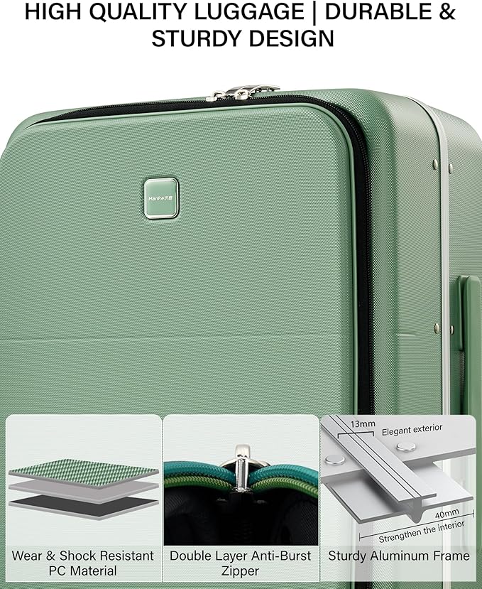 Hanke 20 Inch Top Opening Carry On Luggage, Hard Shell Suitcase with Cup Holder,USB Charging Port, Aluminum Frame with TSA Lock, 8 Spinner Wheels, Dry-Wet Separation & Removable Dividers,Forest Green