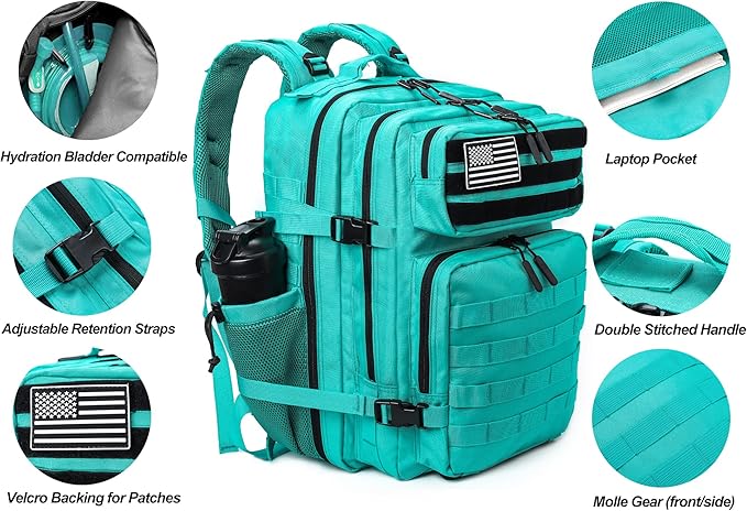 LHI Military Tactical Backpack for Men and Women 45L Army 3 Days Assault Pack Bag Large Rucksack with Molle System - Lake Blue