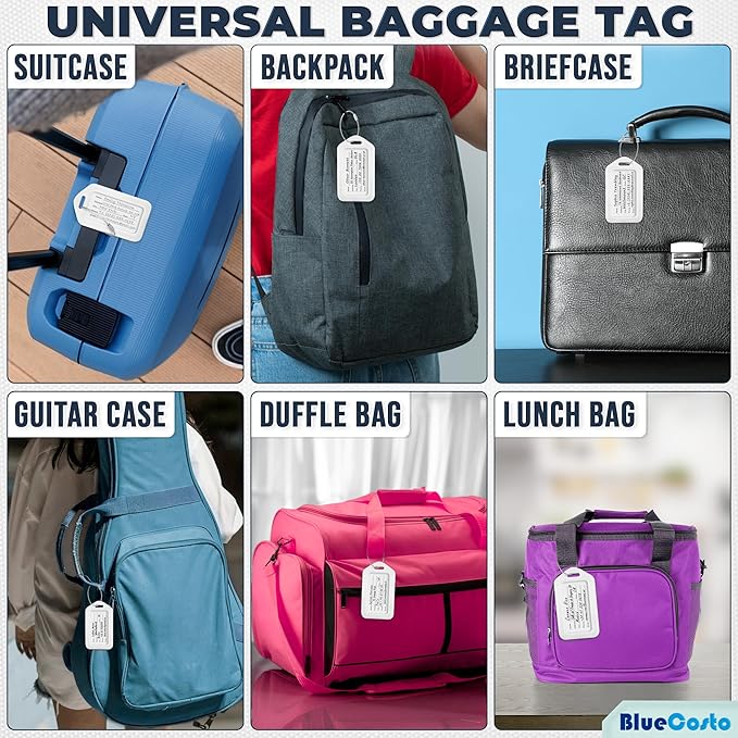 BlueCosto - Luggage Tags - White, 10 Pack - Suitcase Tags with Name ID Card & Heavy-Duty Metal Wire Loops - Bright Colored PVC Identifiers for Travel Baggage - Backpack Name Labels