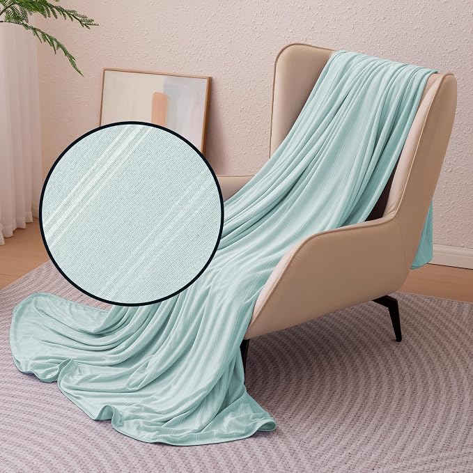 Amazon Basics Striped Cooling Blanket for Hot Sleepers, Reversible Lightweight Thin Throw Blanket for Bed, Couch and Sofa, Twin XL (60" x 90"), Cyan Striped