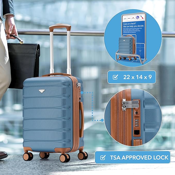 Flight Knight 22x14x9" Expandable Carry On Suitcase Hardside TSA Lock USB C Port Lightweight Luggage Silent Double Spinner Wheels Maximum Overhead Carry-On Bag For American & United Approved Airlines