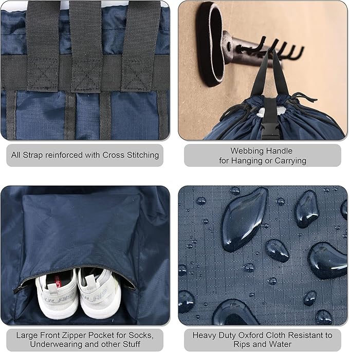BeeGreen Navy Blue Travel Laundry Bag w Drawstring & Handle College Dorm Room Essentials w Adjustable Shoulder Straps Washable Sturdy Laundry Hamper Sack Dirty Laundry Travel Bag for Camping