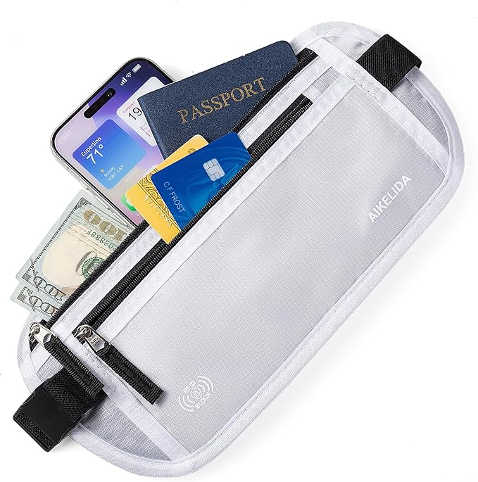 RFID Blocking Money Belt - Passport Holder & Travel Wallet, Slim Hidden Fanny Packs for Women Men - White