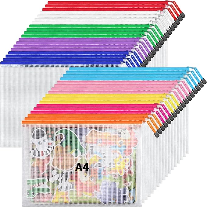 JARLINK A4 Letter Size 36 Pack 10 Colors Zipper Mesh Document Pouch, Mesh Bags for Board Games & Puzzles, Waterproof Document Zipper Pouches for Office School Supplies, Toys, Cosmetics Travel Storage