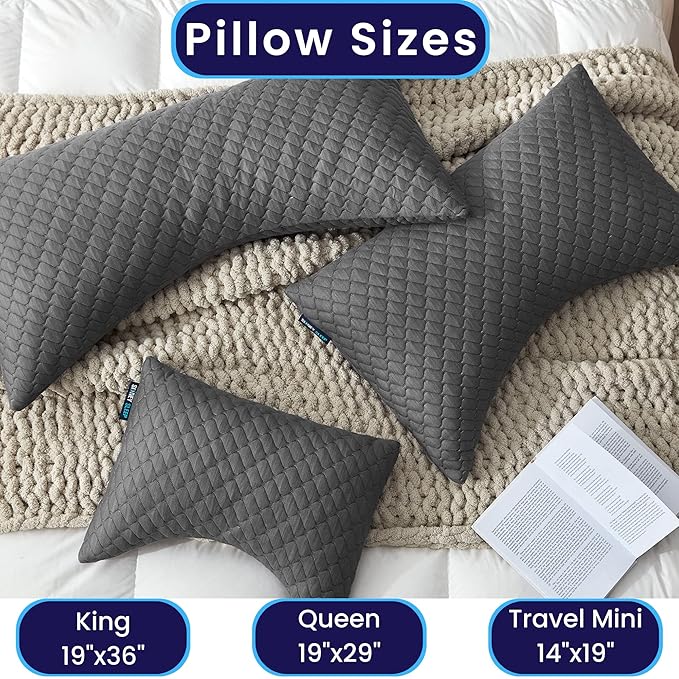 Sidney Sleep Bed Pillow for Side and Back Sleepers - Queen Size - Adjustable Filling - Memory Foam Pillow for Neck and Shoulder Support - Customizable Loft - Additional Foam Bag Included (Grey)