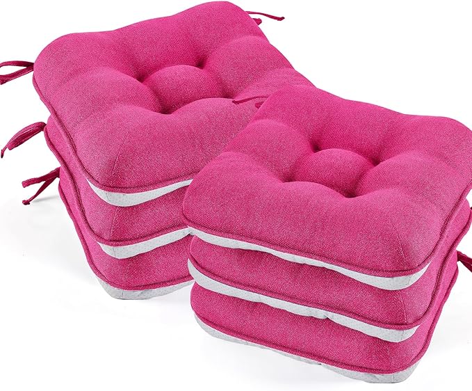 BETU Chair Cushions for Dining Chairs Set of 6,3.5" Thick Kitchen Table Chair Pads with Ties,Non Slip Backing and Covers, Seat Cushion for Dining Room,Bar,Patio Chairs,16"X16"X3.5",Hot Pink