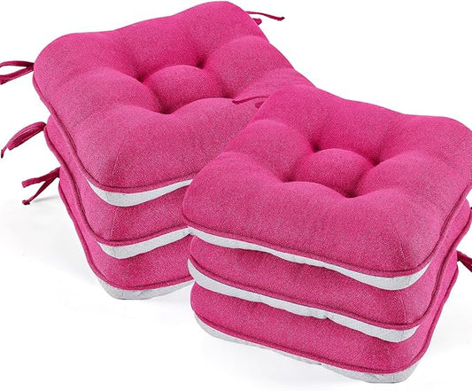 BETU Chair Cushions for Dining Chairs Set of 6,3.5" Thick Kitchen Table Chair Pads with Ties,Non Slip Backing and Covers, Seat Cushion for Dining Room,Bar,Patio Chairs,16"X16"X3.5",Hot Pink