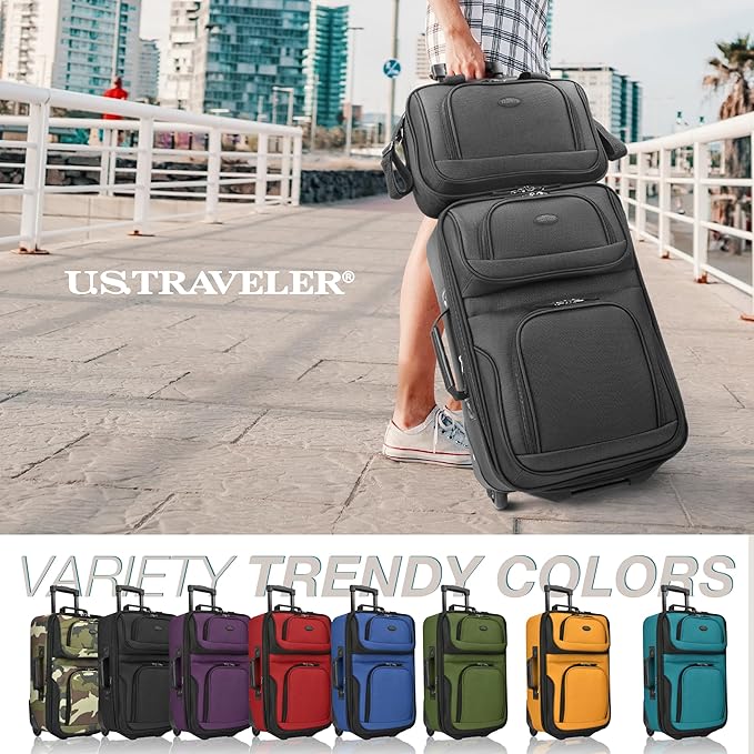 U.S. Traveler Rio Lightweight Softside Rolling Carry-on Suitcase, 2-Wheel Set, Black