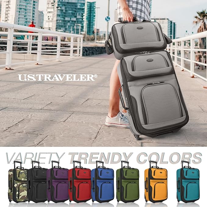 U.S. Traveler Rio Lightweight Softside Rolling Carry-on Suitcase, 2-Wheel Set, Grey