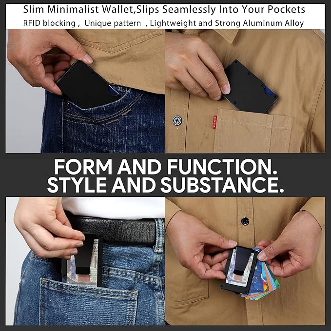 Minimalist Carbon Fiber Wallet for Men, Money Clip Cash Strap Wallet, RFID Blocking Metal Wallet Aluminum Card Holder,Front Pocket Wallet(Matte Black)