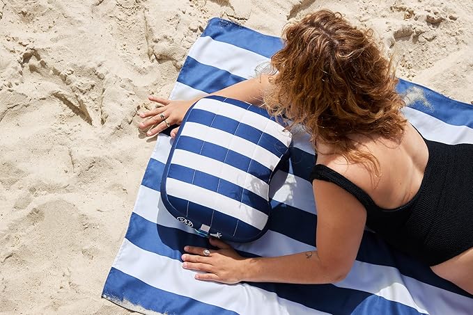 Ballast Beach Pillow – Comfy, Durable & Compact, Stays Put on Windy Beaches with Patented Sand Pouch, Inflatable Pillow for Beaches, Pools, Camping, Festivals and Travel (Blue Stripes)