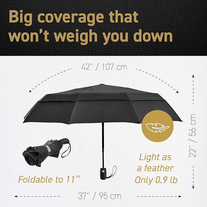 Windproof Compact Umbrella for Rain - 42” Travel Umbrella, Portable, Strong, Collapsible to 11”, Automatic Open Close Button, Vented Double Canopy with Fiberglass/Steel Frame, Wind Resistance to 55MPH