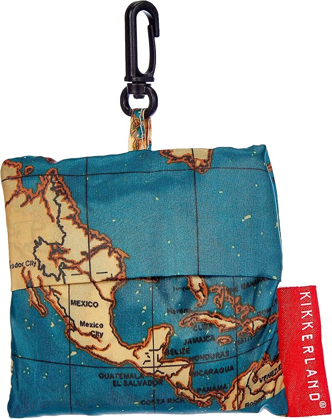 Kikkerland Travel-Size Laundry Bag, World Map Design Heavy Duty Laundry Bag, Polyester, Built-in Pouch, Inner Loop and Carabineer, Multicolor
