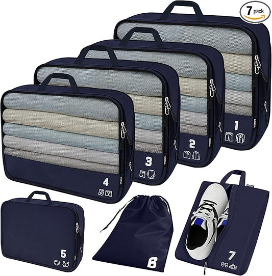 7 Set Compression Packing Cubes Travel Accessories Expandable Packing Organizers (Navy Blue)
