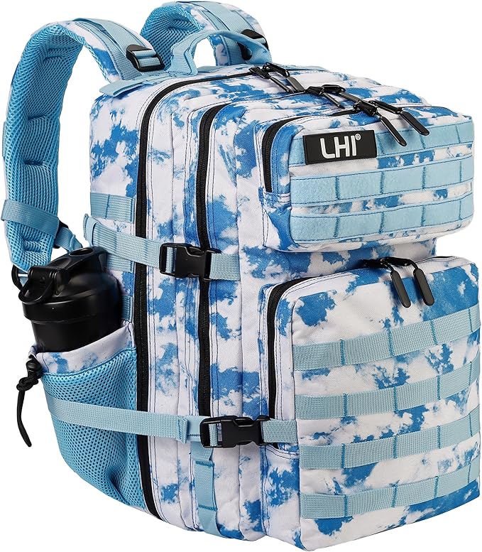 LHI Military Tactical Backpack for Men and Women 45L Army 3 Days Assault Pack Bag Large Rucksack with Molle System - Light blue tie-dye