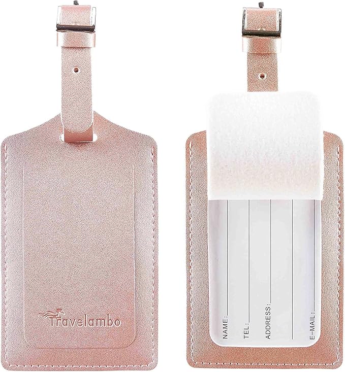 Travelambo Luggage Tags for Suitcases Faux Leather Privacy Protection 2 Pack Bag Tags Travel Accessories Essential, Rose Gold