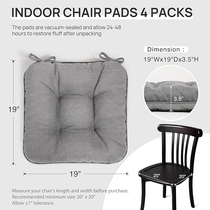 Love's cabin Memory Foam Chair Cushions Set of 4, 19"x19"x3.5" Indoor & Outdoor Seat Pads for Dining, Kitchen, Office, Patio Chairs - Grey