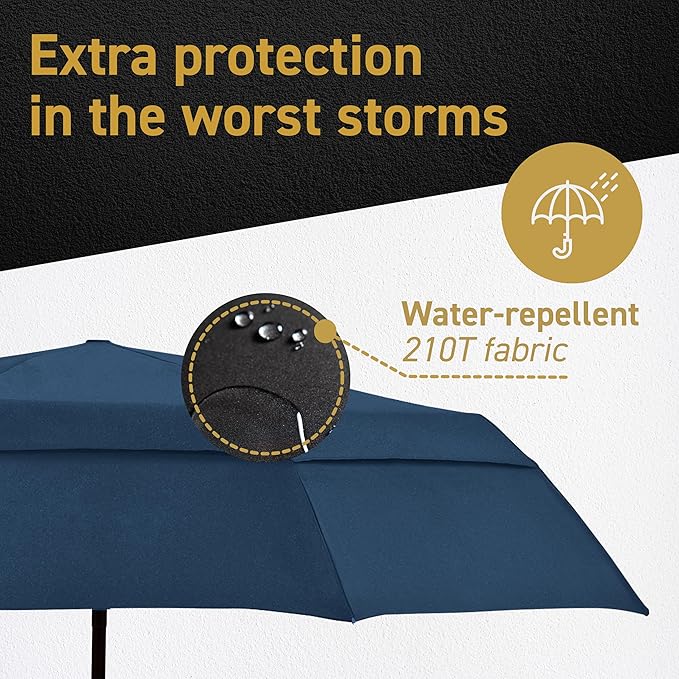 Windproof Compact Umbrella for Rain - 42” Travel Umbrella, Portable, Strong, Collapsible to 11”, Automatic Open Close Button, Vented Double Canopy with Fiberglass/Steel Frame, Wind Resistance to 55MPH