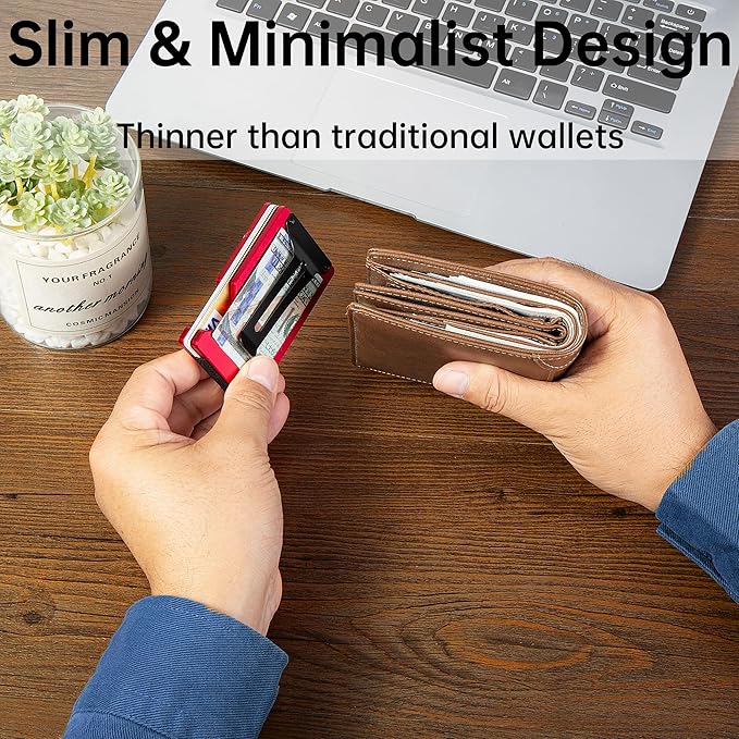 Carbon Fiber Minimalist Wallet for Men Credit Card Holder Money Clip & Cash Strap Slim RFID Mens Wallets(Matte Red)