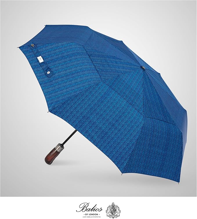 Balios Travel Folding Umbrella with Real Wood Handle Auto Open Close Vented Windproof Canopy - Designed in UK