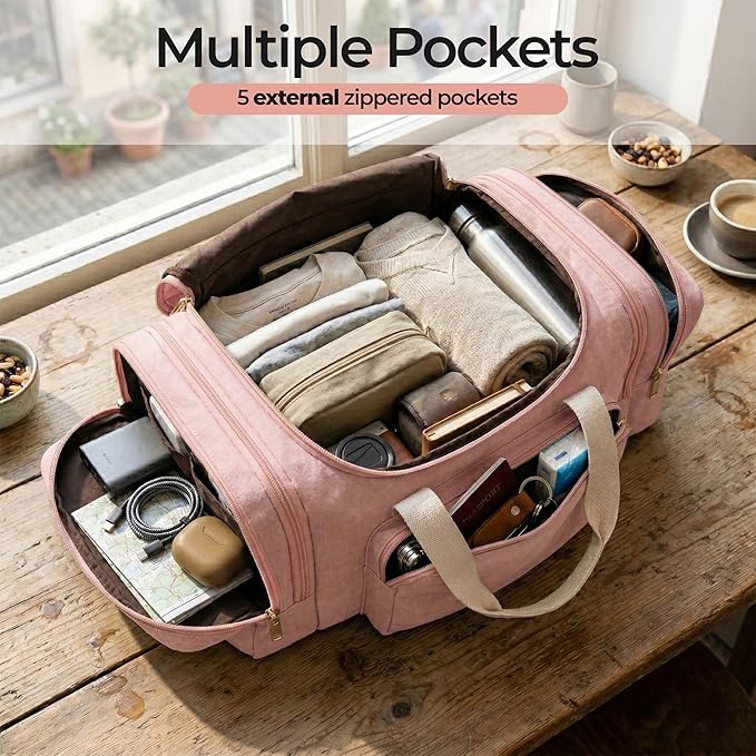Duffle Bag for Travel (Pink) 20–23” Expandable (40L) – Lightweight Water-Resistant Carry On Weekender with Multiple Pockets & Shoulder Strap – Airline Approved Travel Duffel Bags for Men & Women