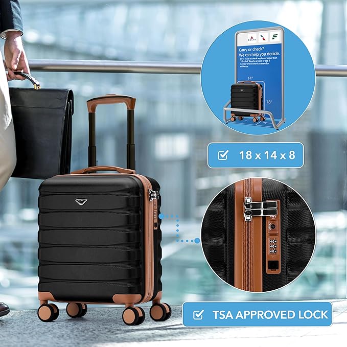 Flight Knight Carry On Suitcase 18x14x8 Hardside Built In TSA Lock USB Port Lightweight Luggage Silent Double Spinner Wheels Maximum Underseat Carry-On Bag For American United Approved Black/Tan
