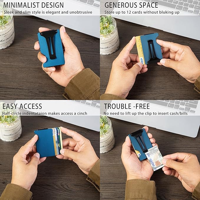 Minimalist Carbon Fiber Wallet for Men, Money Clip Cash Strap Wallet, RFID Blocking Metal Wallet Aluminum Card Holder,Front Pocket Wallet(Matte Blue)