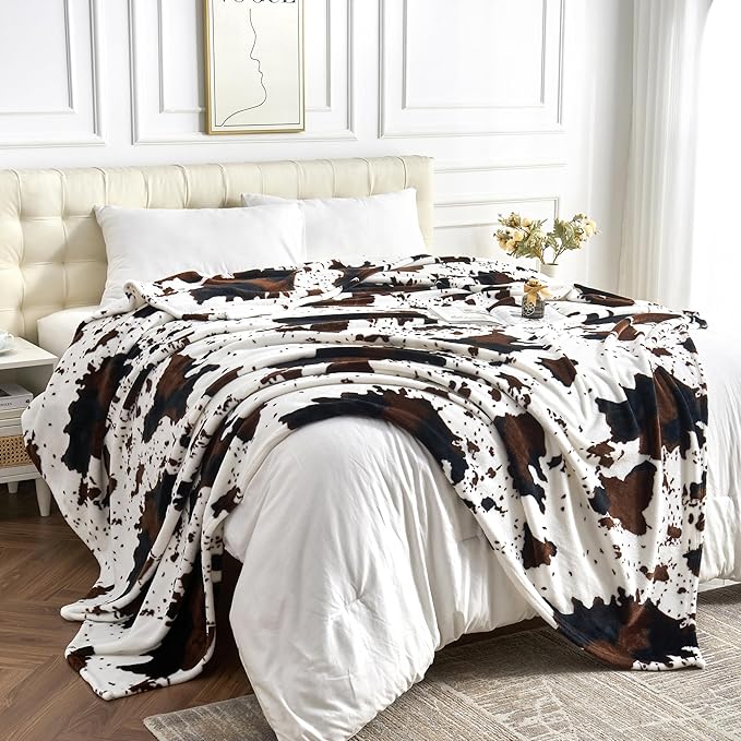King Size Cow Blanket for Couch Bed, Soft Cozy Fleece Cow Printed Blanket for All Seasons 90"x108" (Dark Brown)