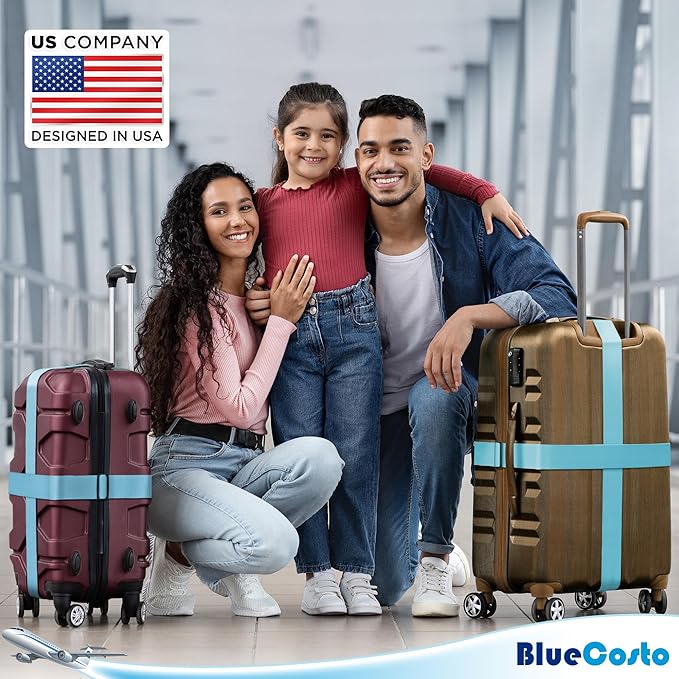 Luggage Straps for Suitcases - TSA Approved - Blue, 4 PK - Premium Nylon Belts for Suitcase, Briefcase & Travel Bag - Adjustable Strap Length 46" - 78"