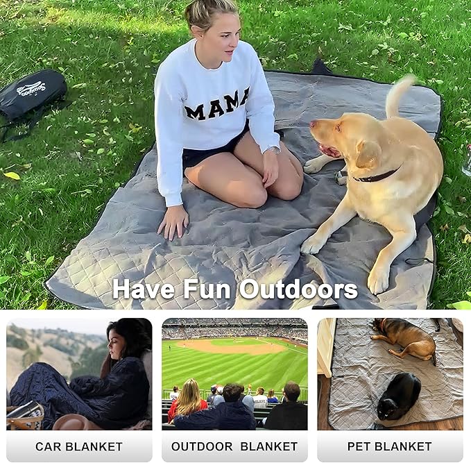 Waterproof Outdoor Blanket 92”X 60” Packable, Stadium Blankets for Camping with Quilted Fleece Lining, Large Windproof Emergency Throw Mat for Garss Picnic Hiking Road Trip, Machine Washable, Black