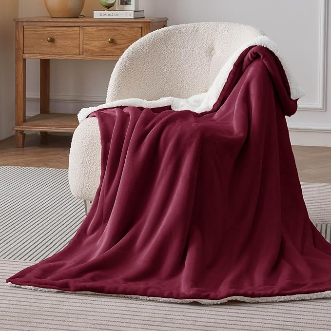 Bedsure GentleSoft Sherpa Fleece Throw Blanket for Couch, Non-Heated, Thick and Warm Throw for Girls and Women, Soft Fuzzy Plush Blanket for Winter, Burgundy, 50x60 Inches