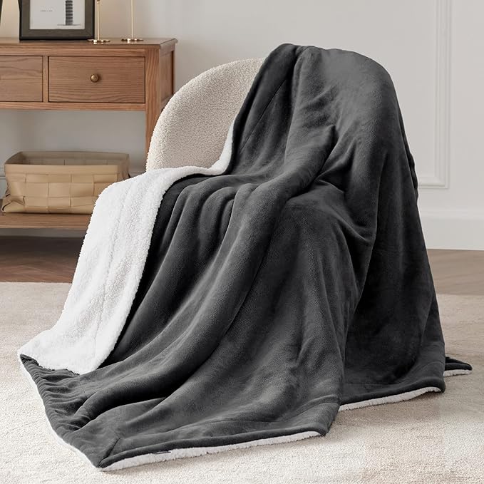 Bedsure GentleSoft Sherpa Fleece Throw Blanket for Couch, Non-Heated, Thick and Warm Throw for Women and Men, Soft Fuzzy Plush Car Chair Blanket for Winter, Charcoal, 50x60 Inches