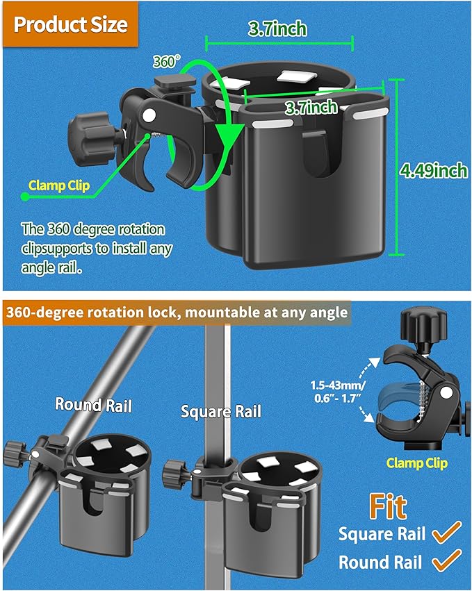 Universal Clamp-on 2-in-1 Cup Holder & Phone Holder for Stroller, Walker, Wheelchair, Fits 12oz-40oz Drinks, Multifunctional Storage Organizer, Pack of 2