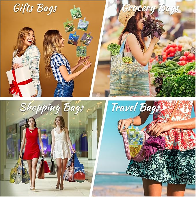 BeeGreen Oil Painting Aesthetic Tote Bag - Large Reusable Grocery Bag, Polyester Grocery Bags Gifts for Women,Foldable, Washable, Packable with Handles & Pouch for Shopping, Beach, Work, Summer