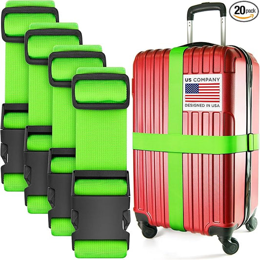 Luggage Straps for Suitcases - TSA Approved - Neon Green, 20 PK - Bulk Multipack Premium Nylon Belts for Suitcase, Briefcase & Travel Bag - Adjustable Strap Length 46" - 78"