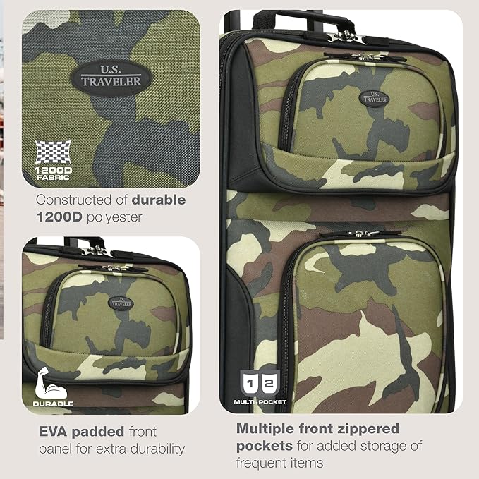 U.S. Traveler Rio Lightweight Softside Rolling Carry-on Suitcase, 2-Wheel Single, Camouflauge