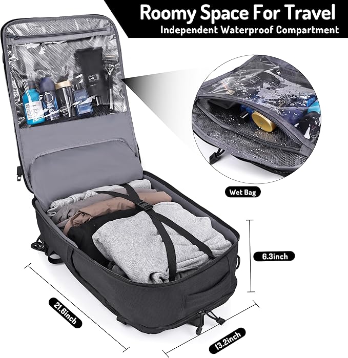 MOZETO Travel Backpack for Men 40L TSA Approved Carry On Backpack with USB Charging Port Durable Water-resistant Convertible Duffle Luggage Bag Large Weekender Bag Daypack Fits 17.3 Inch Laptop