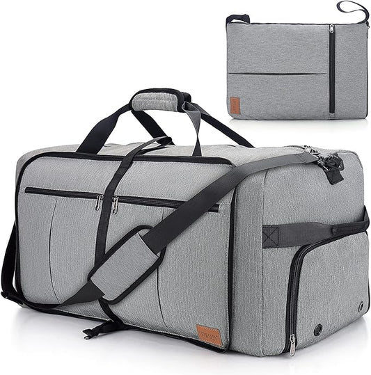 80L Travel Duffle Bag for Men, Large Foldable Duffel Bag for Travel with Shoe Compartment Overnight Weekender Bag Gym Bag for Men Women Waterproof & Tear Resistant (Gray, 80L)